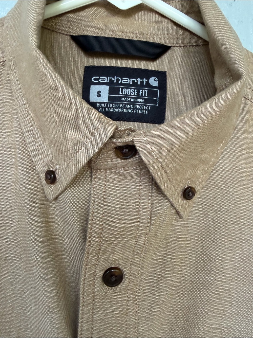 Sz S Carhartt Mens Button-Down Shirt in dark Tan chambray.. like new condition - Picture 11 of 13